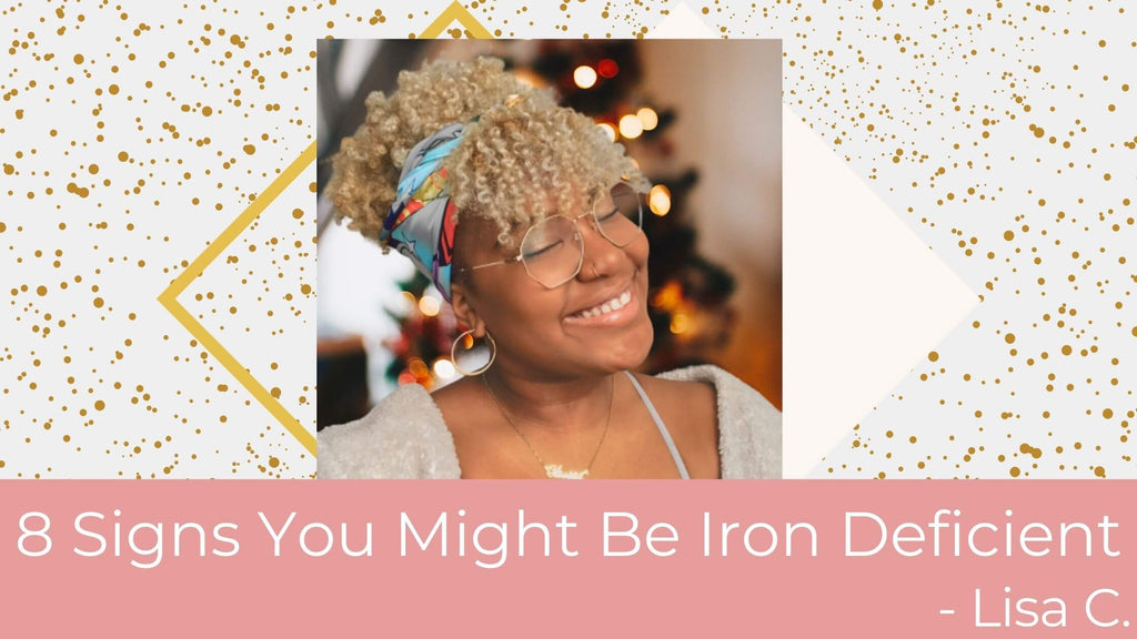 In this image is a young lady smiling wearing a fuzzy jacket indoors, in front of a christmas tree, captioned "8 Signs You Might Be Iron Deficient". Written by Lisa C. 