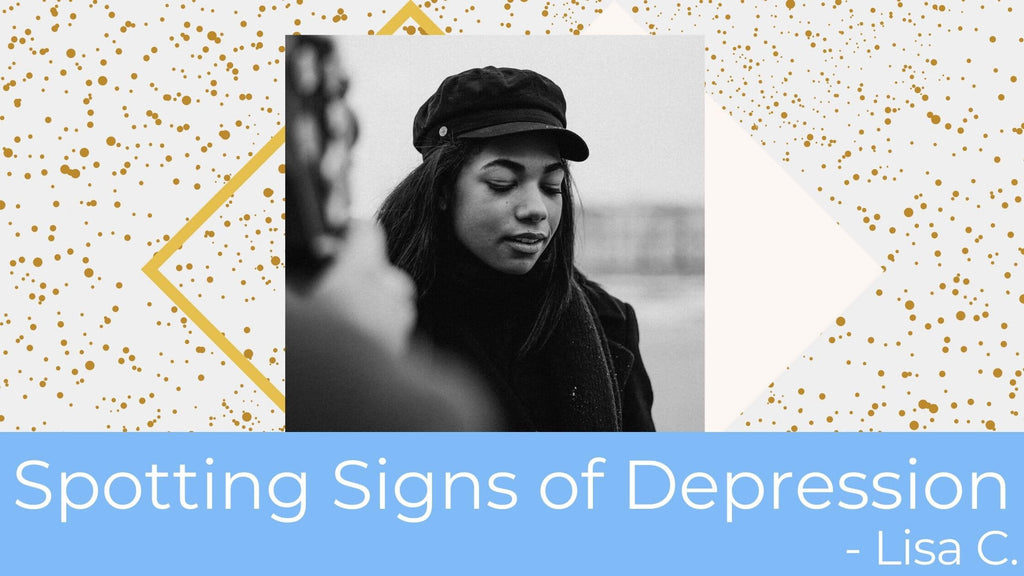 A black and white photo of young lady, captioned "Spotting the signs of Depression."