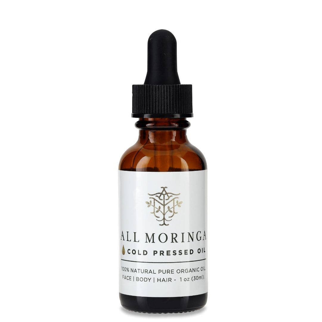 Here's a forward facing photo of a 1oz dropper bottle of cold pressed Moringa Oil for face, body, and hair
