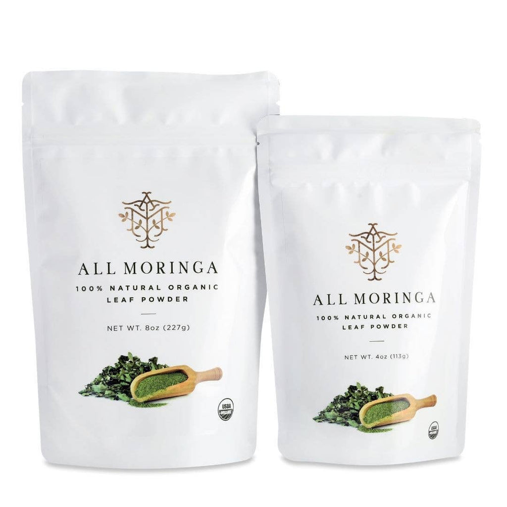 PResented are two packs of All Moringa's 100% Natural Organic Moringa Leaf Powder in 8 and 4 oz packets.