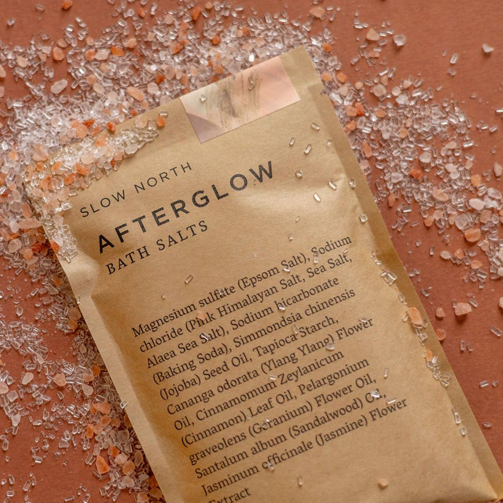 Picture is the skin enriching Afterglow bath salt by Slow North.